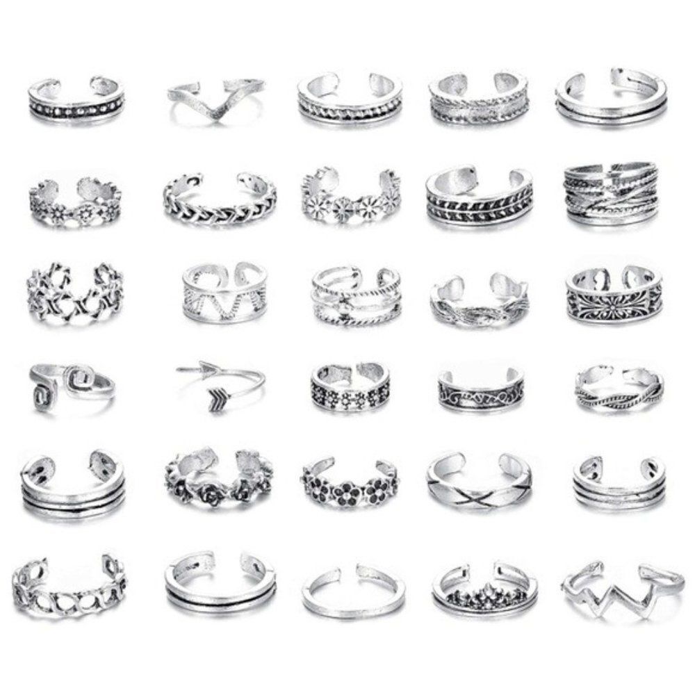 Silver Boho Adjustable Open Toe Rings - Set of 30